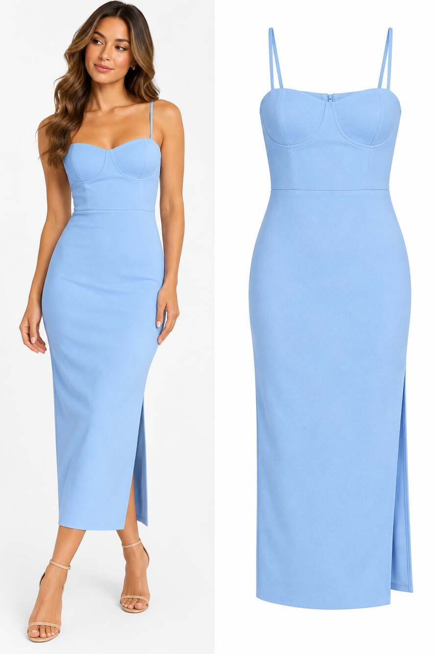 LIKELY Sleeveless Spaghetti Strap Midi Dress in Light Blue